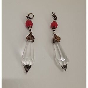 Art Deco Vntg 1920's Czech Bohemian Red & Clear Glass Brass Dangle Earrings Nice